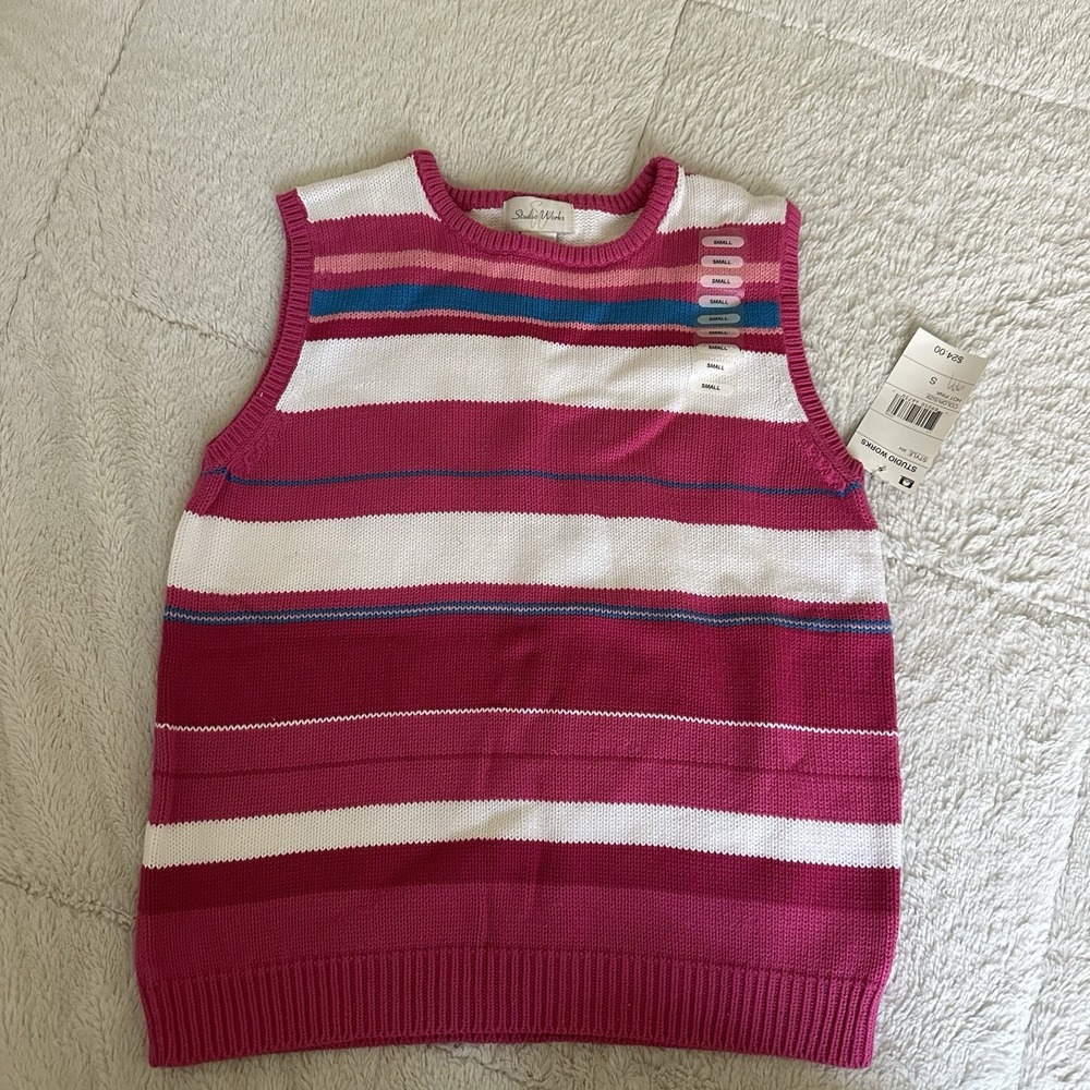 Studio Works Knit Vest Womens Large Sleeveless Striped Pink Small